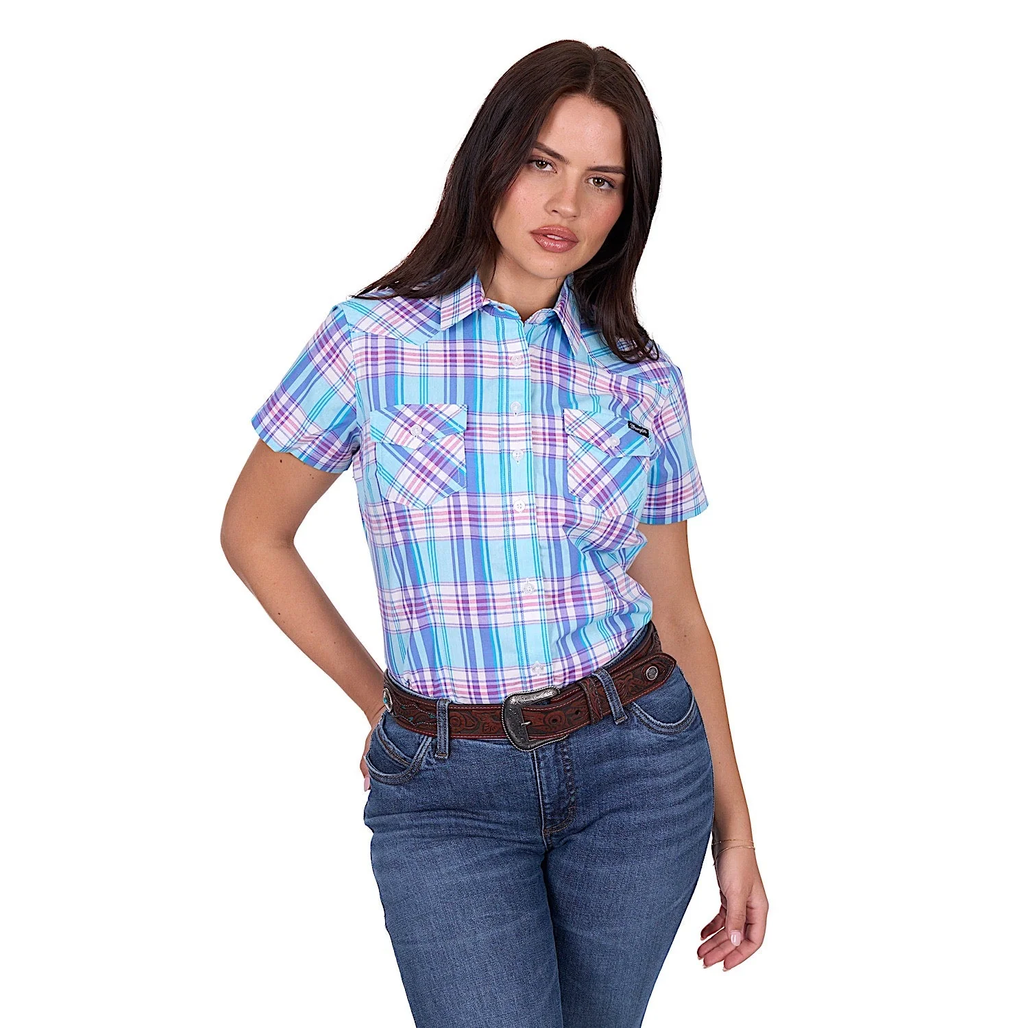 Wrangler Women's Emily Check Short Sleeve Shirt - Blue