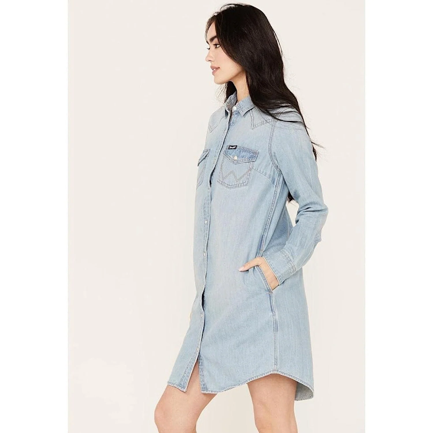 Wrangler Womens Western Snap Front Denim Shirt Dress in Light Blue Denim - Image 2