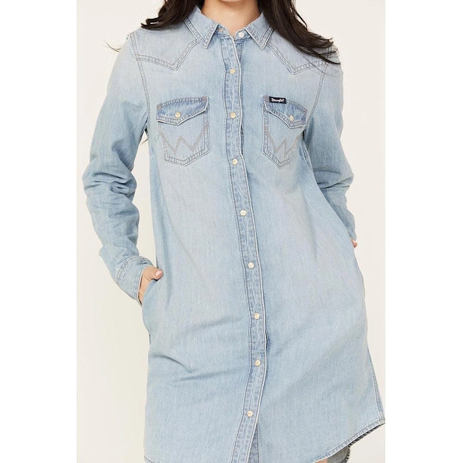 Wrangler Womens Western Snap Front Denim Shirt Dress in Light Blue Denim - Image 4